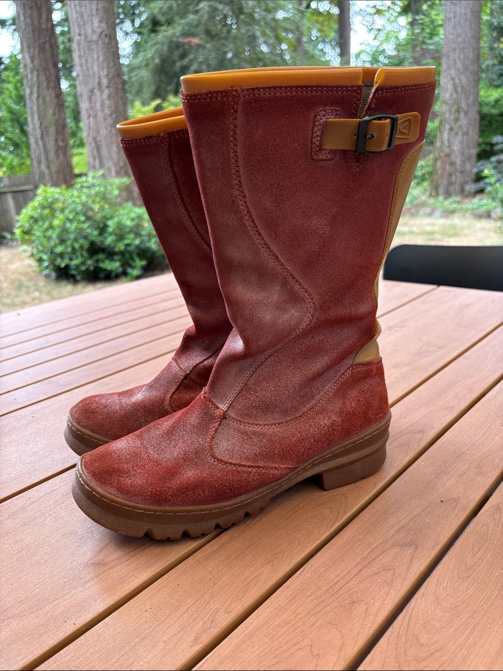 Women’s Suede Mid-Calf Buckle Boots in Rust red, water resistant